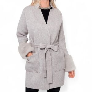 Love Token Ginny Grey Faux Fur Cuffed Tie Waist Cardigan Sweater Small
